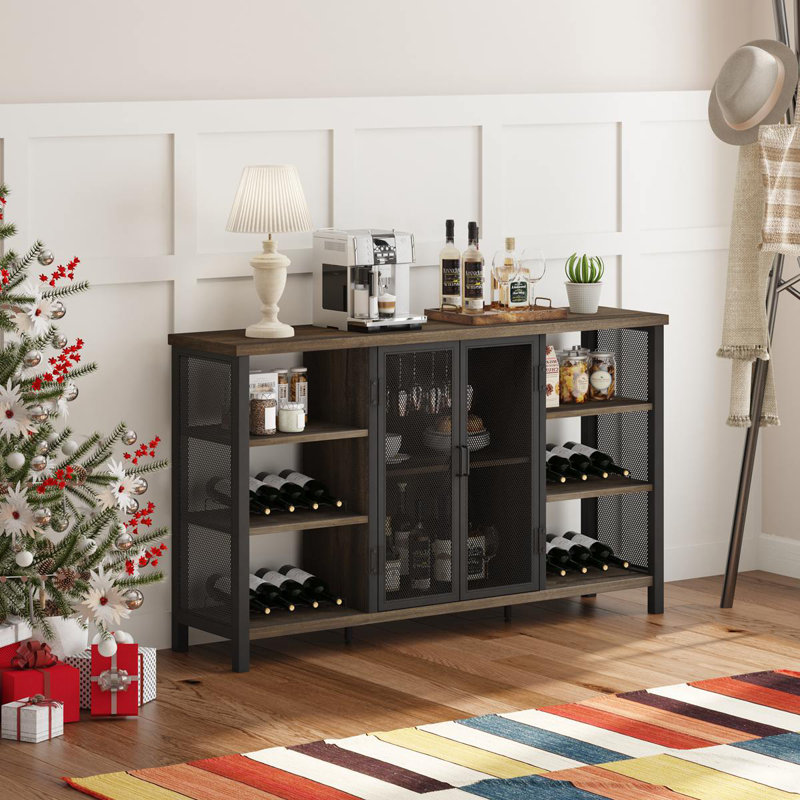 Guinna Industrial Wine Bar Cabinet For Liquor And Glasses, Farmhouse Wood Coffee Bar Cabinet With Wine Rack, Metal Sideboard And Buffet Cabinet