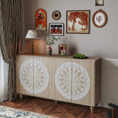 Lizzy 60" Vintage Mandala Carved 4 Door Boho Buffet Cabinet