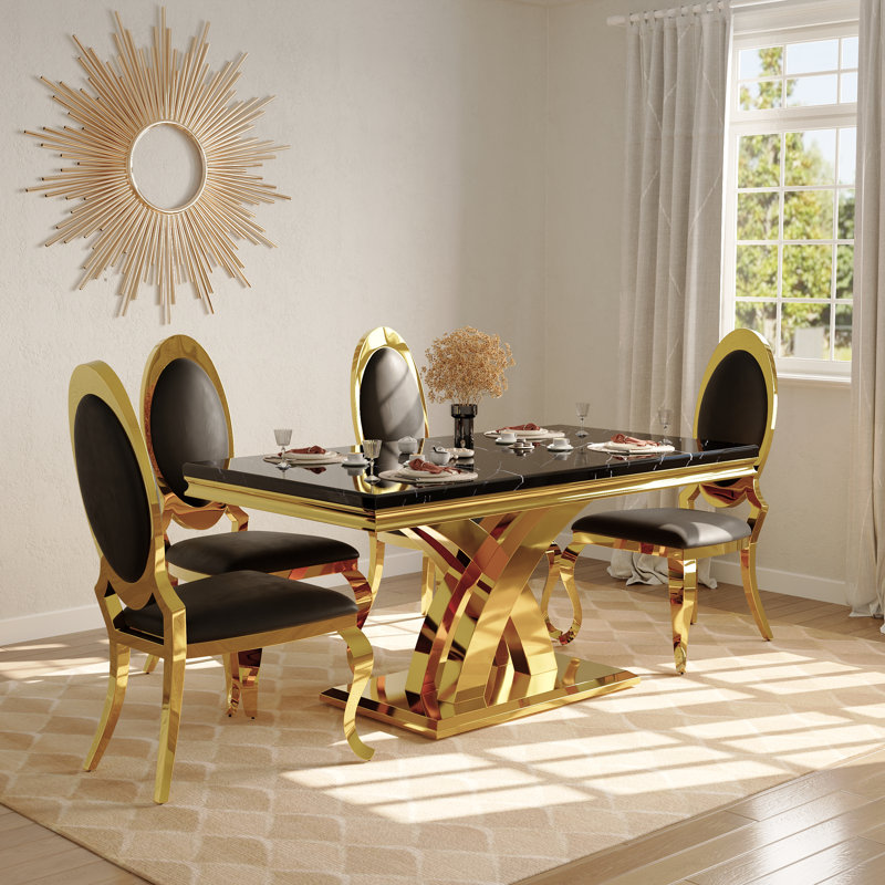 Ensemble de table de salle à manger de luxe noir et doré avec 4 chaises en cuir noires, Noir et or, Doré