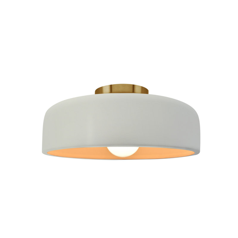 Plafonnier semi-encastré en céramique Dottie, Blanc mat / or champagne, Laiton brossé, H 6 po x l 10 po x P 10 po