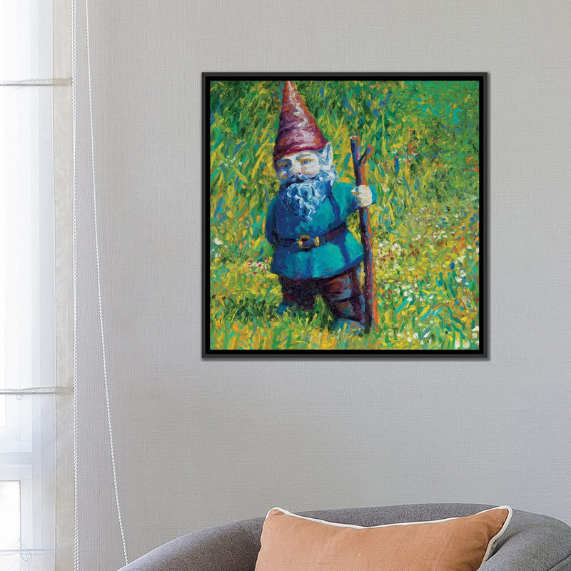 « jardin gnome », reproduction d’art sur toile iris scott, H 26 po x l 26 po x P 1,5 po, Toile avec cadre noir, Pas de tapis