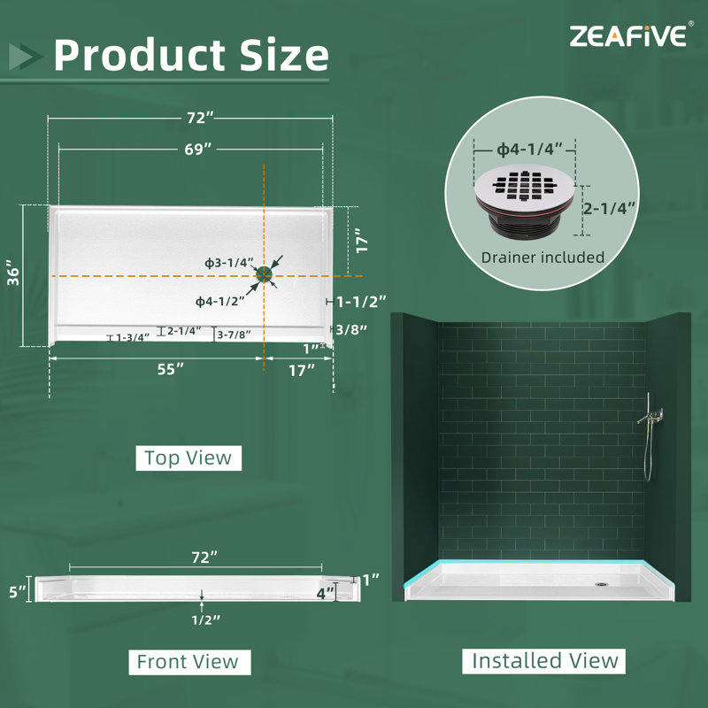 L 72 po x l 36 po Base de douche simple à seuil bas ADA avec drain à droite, bac de douche en acrylique antidérapant et base, plateau de douche blanc brillant avec ensemble de drain, base de douche à bride à carreaux à 3 côtés pour alcôve à 3 parois Installation
