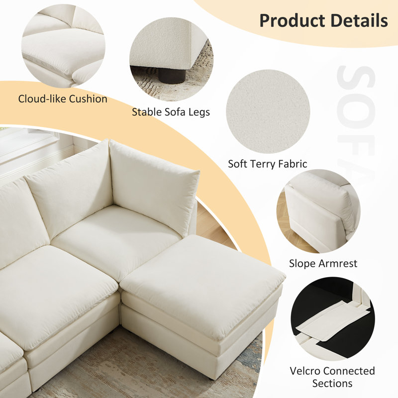  Cann 6-Piece Upholstered Modular Sectional Couch, White Polyester Blend