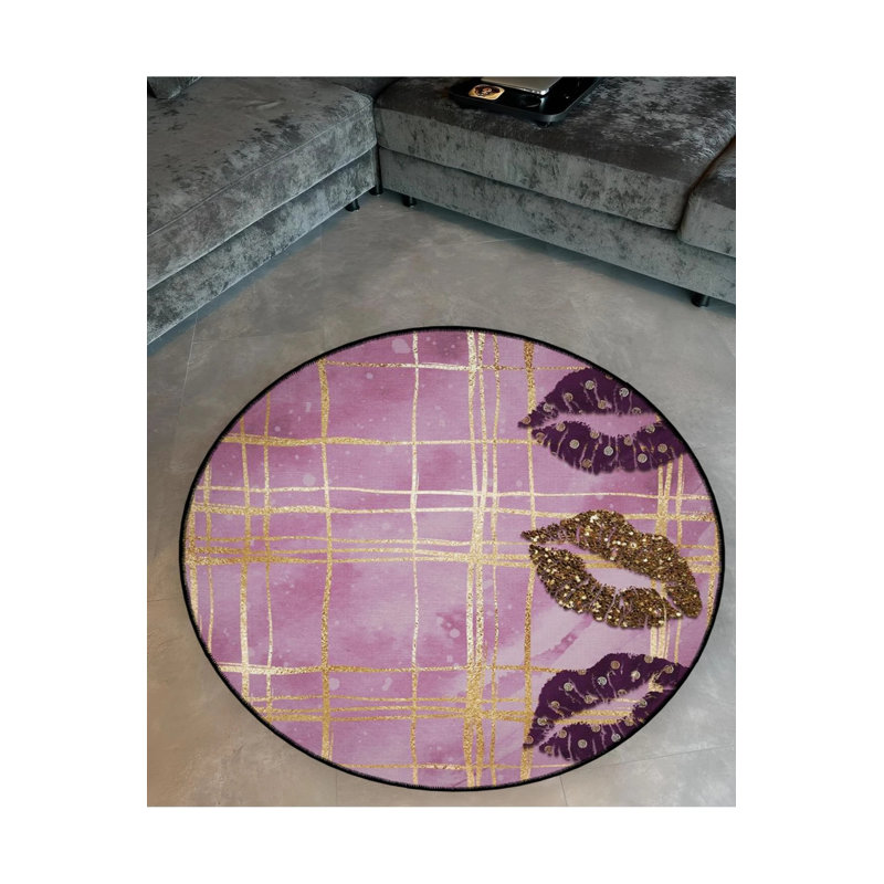 Pink Plaid Gold Lip Lipstick Patterned Detailed Woven Base Modern Decorative Carpet, Round 3'4"