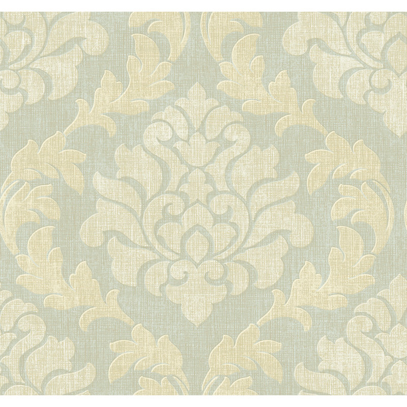 Papier peint damassé bleu marine non tissé Seabrook Designs, Beige métallique / bleu cendré