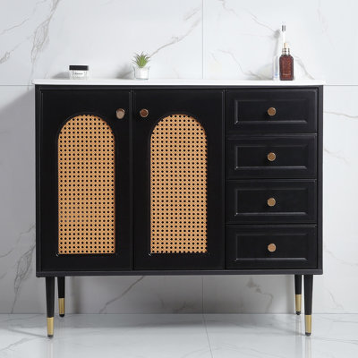 Meuble-lavabo de 36 po avec lavabo en céramique et meuble de rangement en rotin avec deux portes et un tiroir