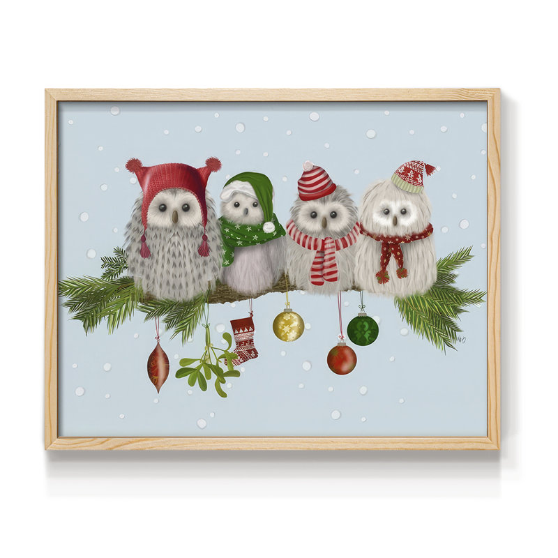 Hiboux de Noël moelleux sur une branche - reproduction encadrée - réversible, H 8 po x l 10 po, Naturel
