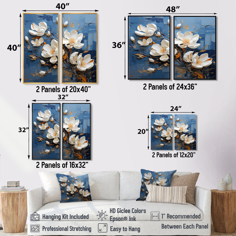 Magnolia bleu et blanc en fleurs - art mural traditionnel beige, H 32 po x l 32 po, Reproduction encadrée sans passe-partout
