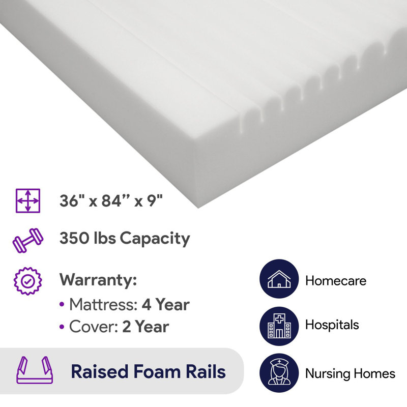 ProHeal Max-Density Pressure Redistribution Foam Mattress with Protective Raised Rails - 36" x 76"