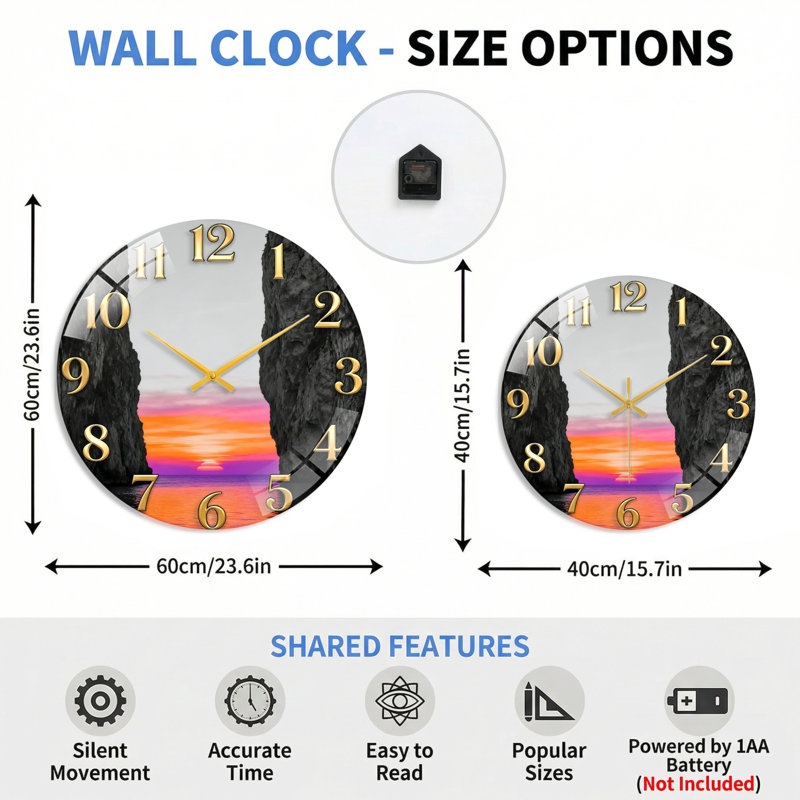Horloge murale décorative en verre Sunset Canyon, 60 x 60 cm (23,6 x 23,6 pouces)