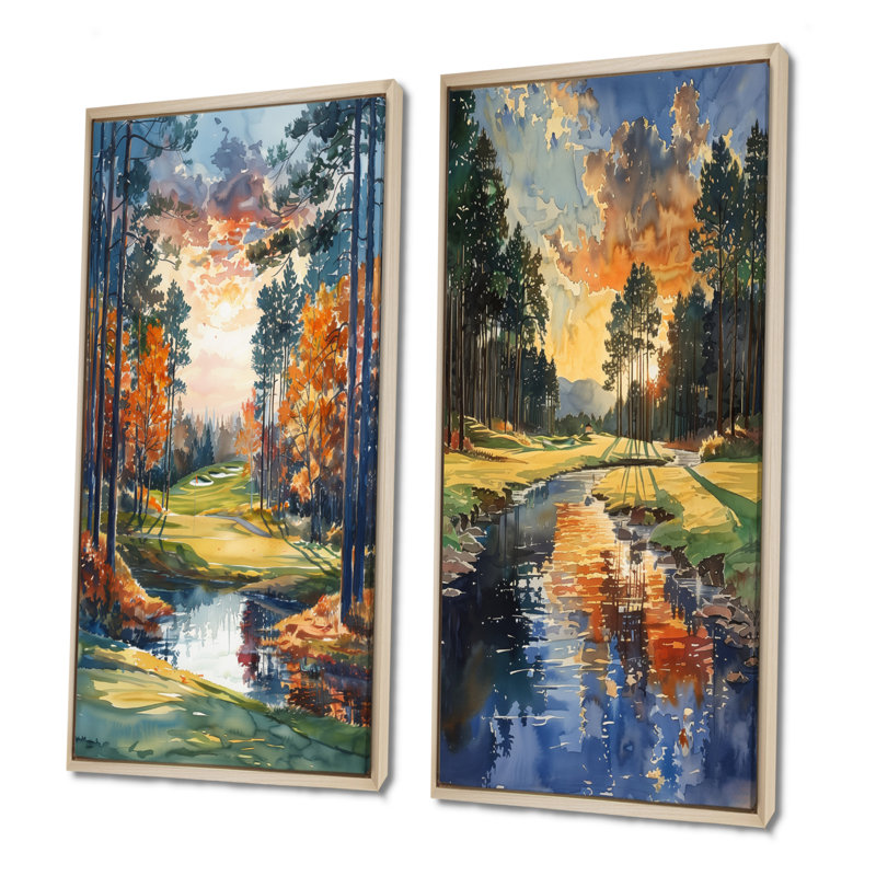 Ensemble de 2 pièces d'art mural Green Golf Autumn Golf Haven Country Club I, H 32 po x l 32 po, Impression encadrée, Érable
