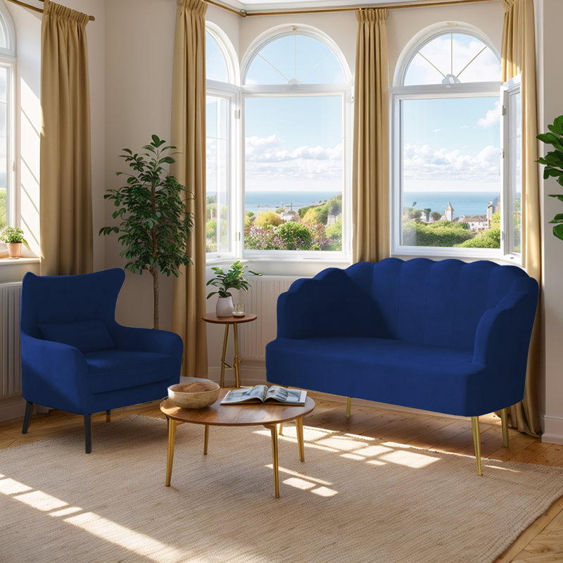 Causeuse 2 pièces en velours doux moderne avec fauteuil d'appoint, Marine