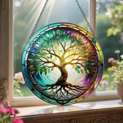 Stained Glass Window Hanging, Tree Of Life Suncatcher, Stained Glass Ornament, Suncatchers For Windows Hanging, Window Decor, Outdoor Or Indoor, Gifts For Mom, Grandma, Wife, Family
