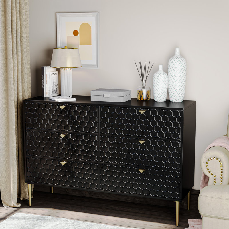 Lucresia High Gloss 6-Drawer 47.8" W Dresser & Chest, Black