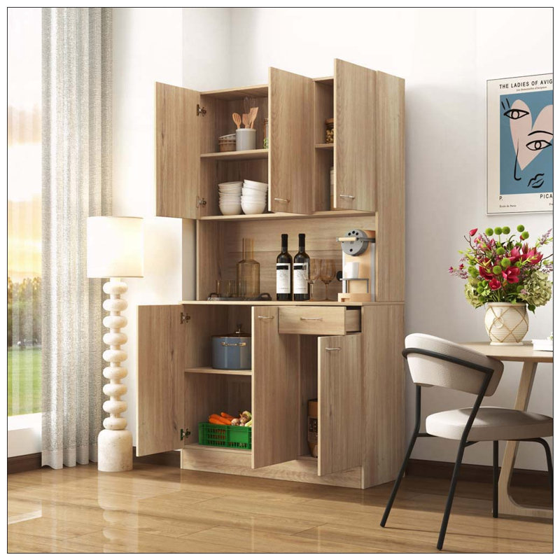 Armoire de cuisine haute avec 6 portes, tablettes ouvertes et tiroir, Naturel