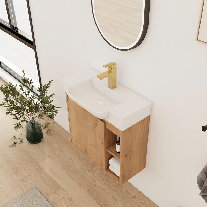 24'' Single Bathroom Vanity With Ceramic Top, Imitative Oak, 24"