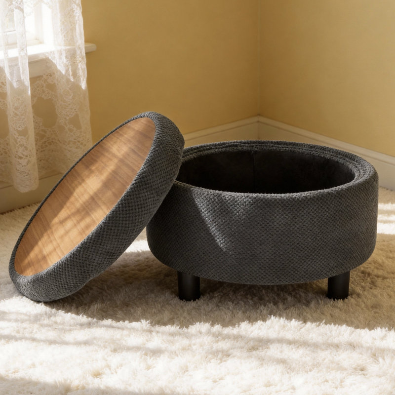 Feros Modern Round Upholstered Storage Ottoman with Removable Tray Lid and Hidden Storage Compartment, Dark Grey