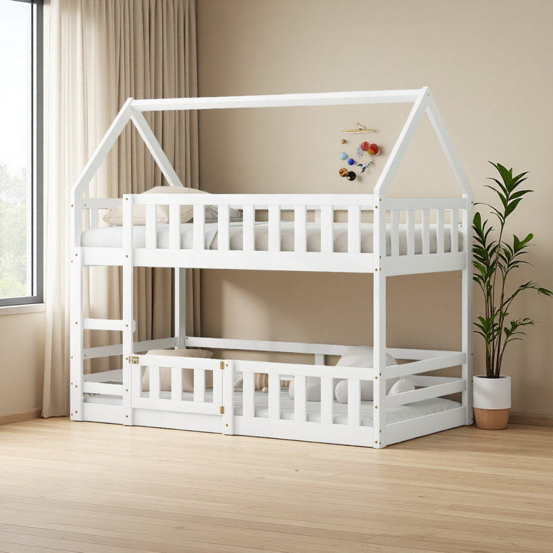 Twin Over Twin House Bunk Bed With Fence And Door,, White