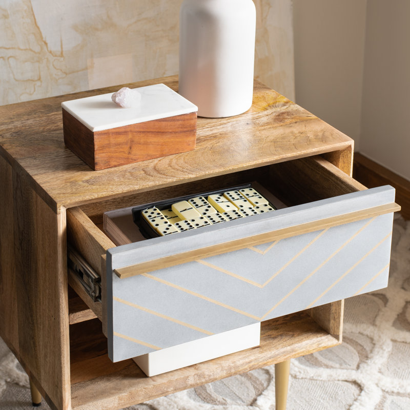 Elegant Leni 18'' W Nightstand – Stylish Modern Wood Bedside with Brass Legs & Unique Drawer Design