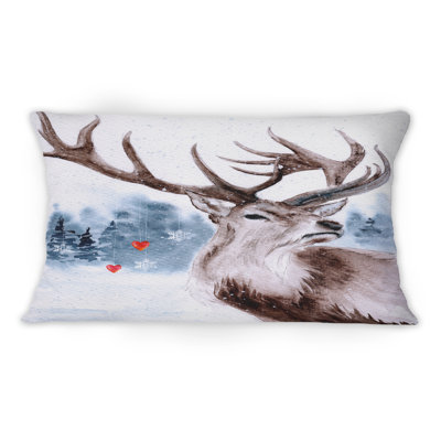 Snowy Landscape With A Reindeer And Winter Forest - Traditional Printed Throw Pillow 1