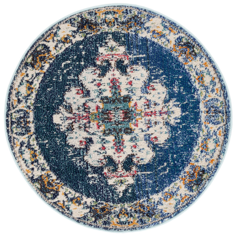 Felty Oriental Blue/Gray/Beige Area Rug, Round 3'