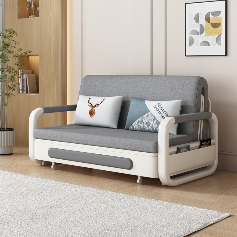 62.2" Modern Convertible Sleeper Loveseat, 3-in-1 Pull-Out Sofa Bed with Side Storage Pockets, Grey/White
