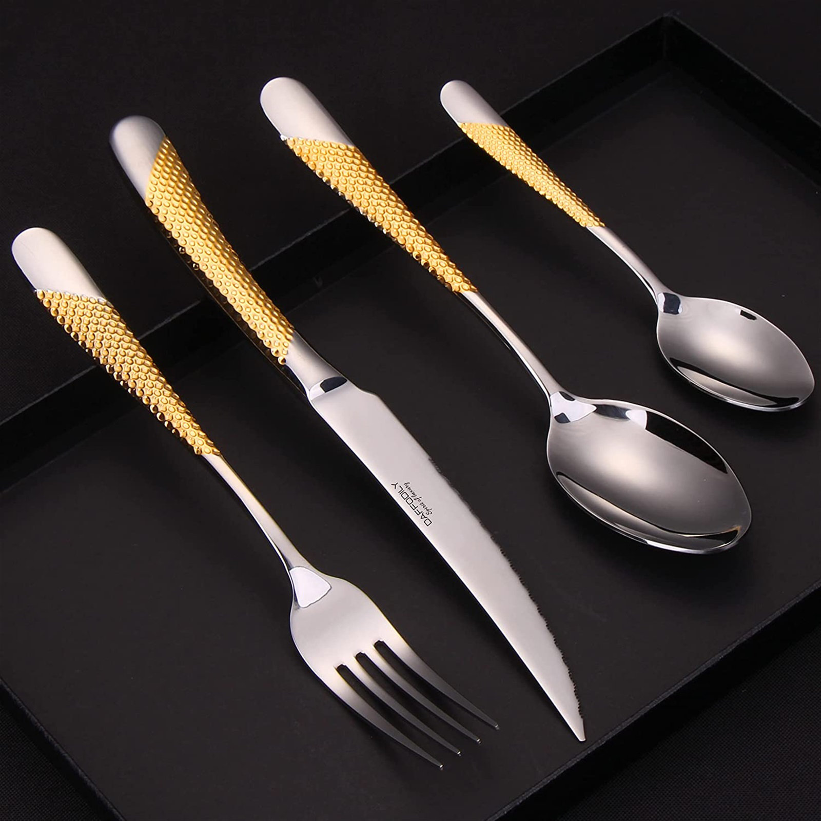 72-Piece Gold Dinnerware Stainless Steel Full Tableware Set Knife Fork  Spoon Table Cutlery Kitchen Flatware Set Wooden Gift Box