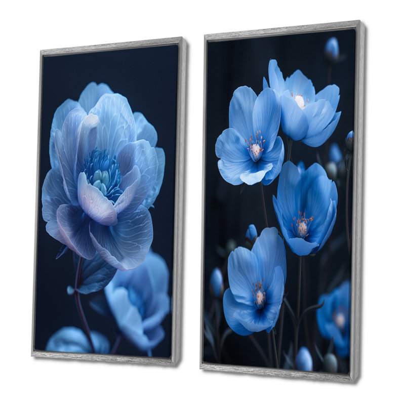 Ensemble de 2 pivoines bleues et noires Noirurnal Nirvana I - pivoines, H 28 po x l 24 po, Impression encadrée, Argent argent