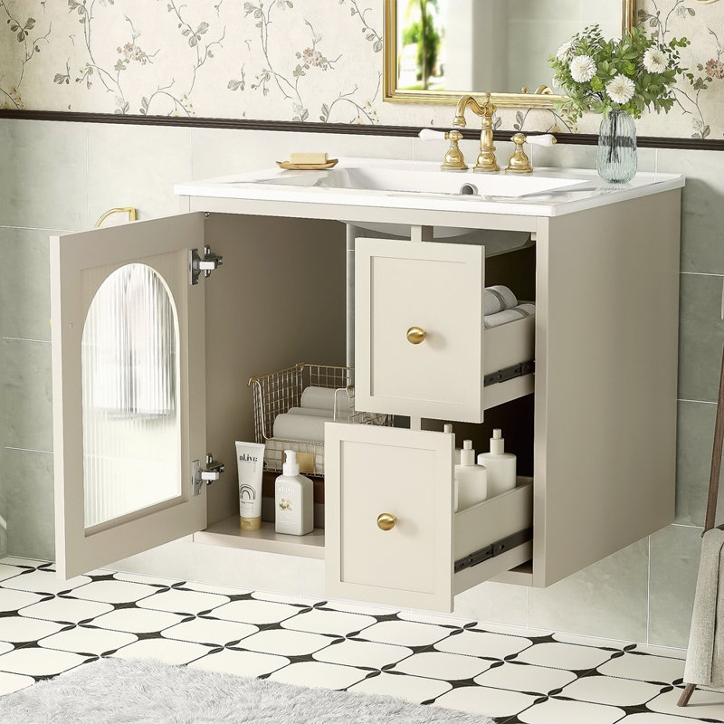 Ensemble de meuble-lavabo mural 24 po pour petit espace, armoire de salle de bain avec lavabo en céramique, 2 tiroirs et 1 porte à fermeture en douceur