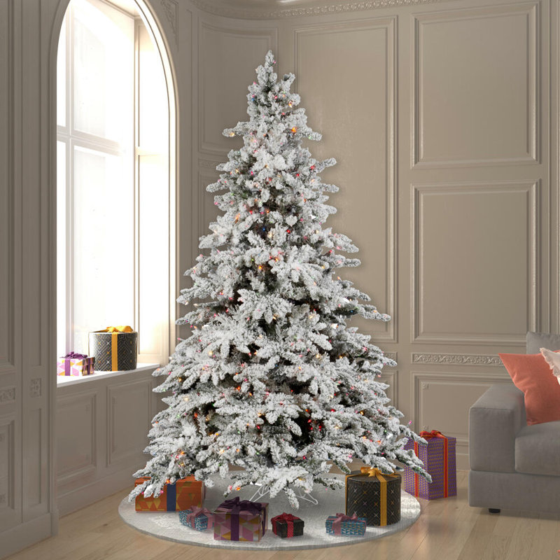 Utica Flocked Fir Artificial Christmas Tree with Multicolored Light, 9' H