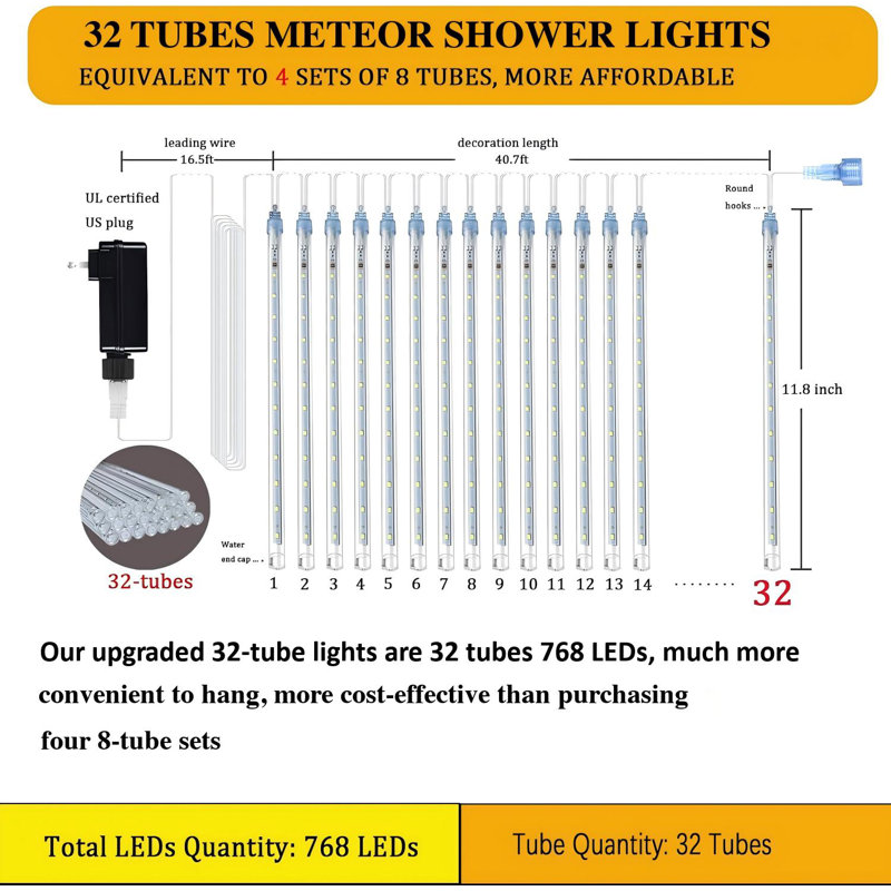 Lumières de Noël pour l'extérieur 32 tubes 768 Leds Météores lumières de douche certifiées UL chute de pluie gouttes de glaçon guirlande de Noël pour arbre de Noël