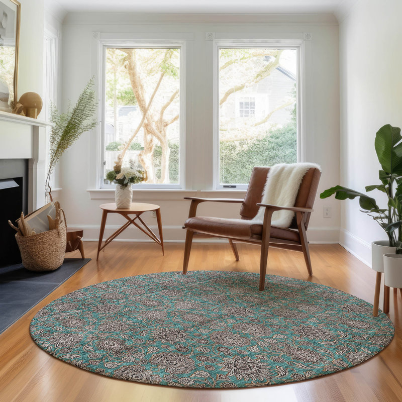 Premium Machine Washable Prisco Teal Rug, Round 8'