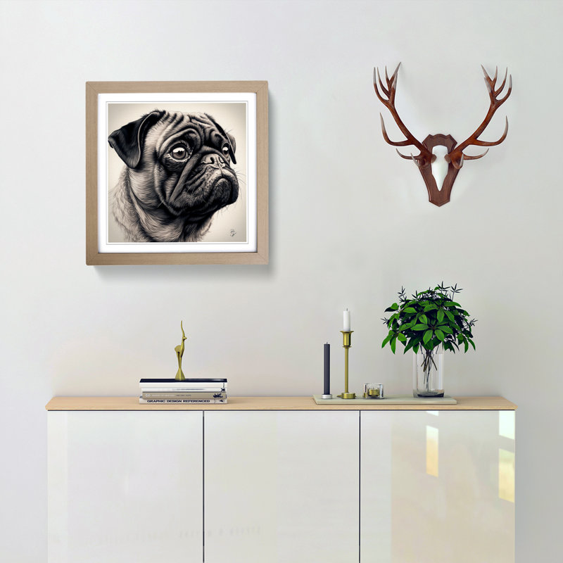 Pug Drawing - Single Picture Frame Print on Wood, Oak