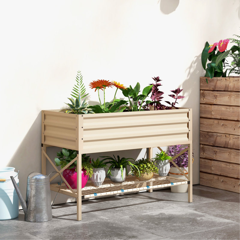 Lit de jardin surélevé avec structure en acier galvanisé, tablette de rangement et doublure de lit, jardinière surélevée avec pieds pour légumes, fleurs, herbes, crème