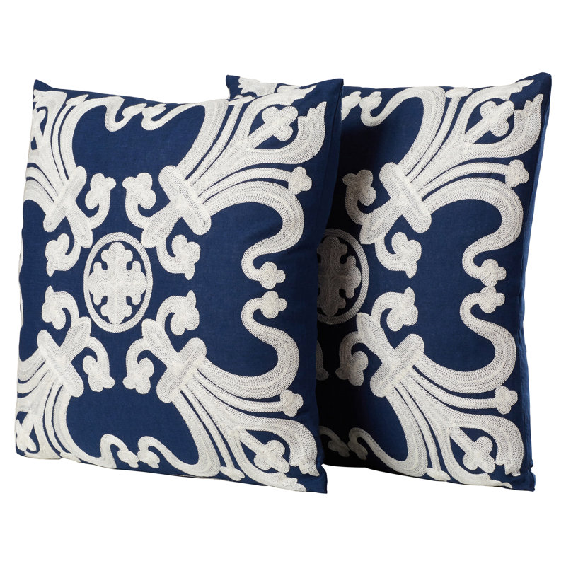 Olive and White Embroidered Cotton Square Throw Pillows, Set of 2