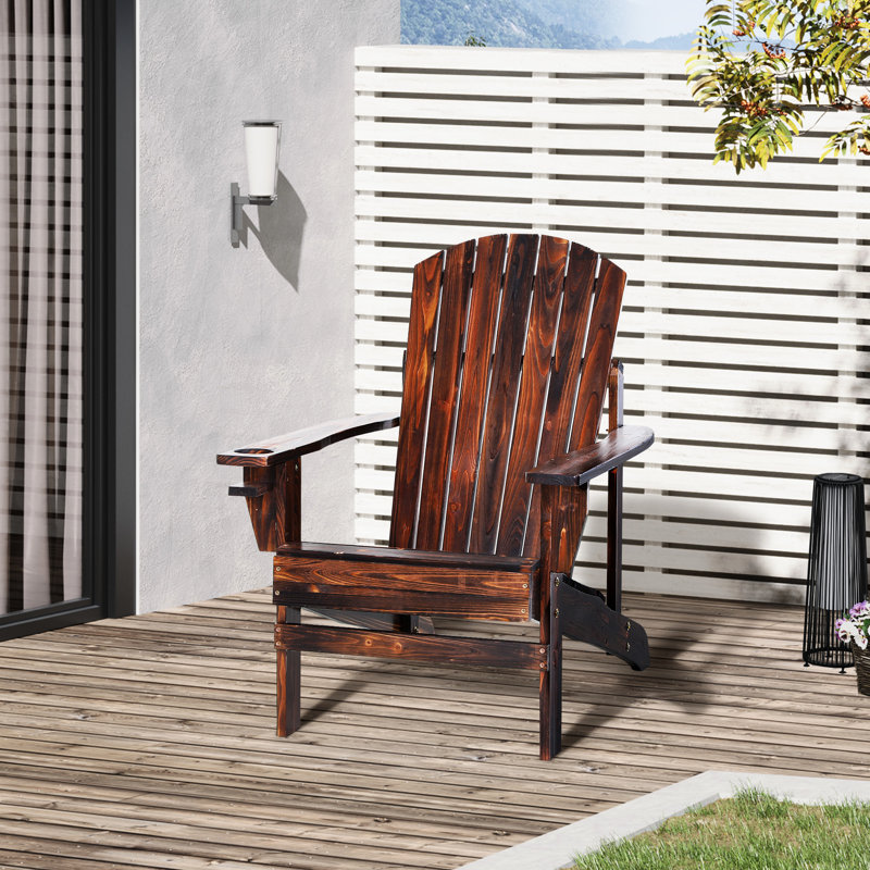 Wooden Chair By - Brown, , Cup Holder, For Patio, Lawn, Deck, Garden, Backyard Fireplace Brown With Holder Weather , Outdoor Fire Pit Stability