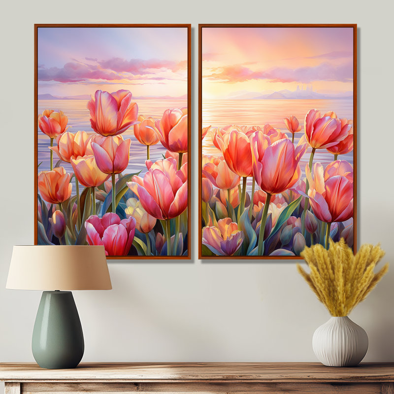 Tulipes coucher de soleil IV - art mural rose, H 36 po x l 48 po, Reproduction encadrée sans passe-partout, Brun