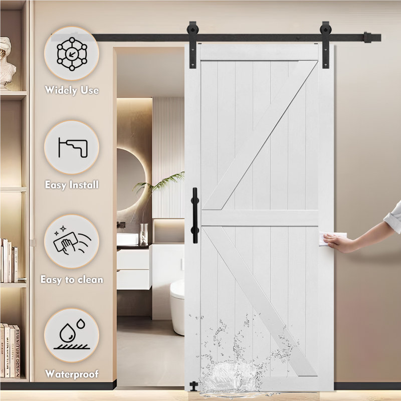 MDF Barn Door Easy Assembly -Solid Slab Covered with Water-Proof PVC Surface with Hardware Kit, 36" x 84", White