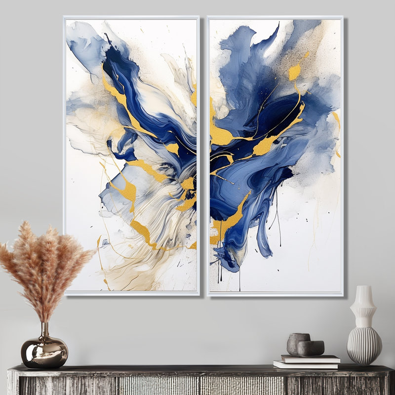 «Dark Blue and Gold Strokes», art mural encadré Fractals, 40" H x 40" W, Impression encadrée flottante, White