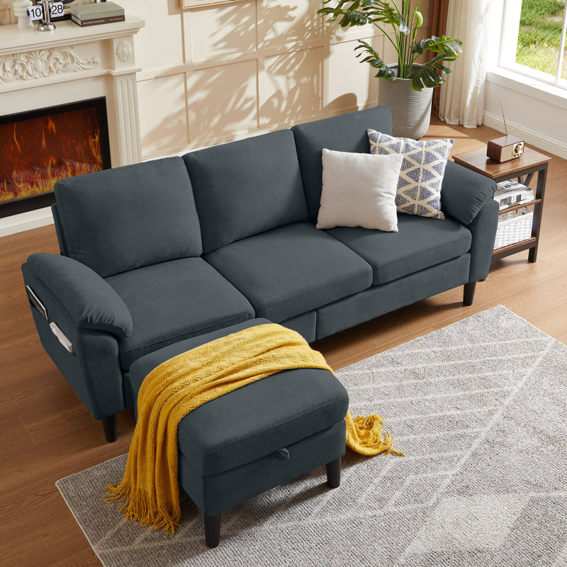 79.5" Wide Reversible Modular Sofa & Chaise with Storage Ottoman, Dark Gray Linen Blend
