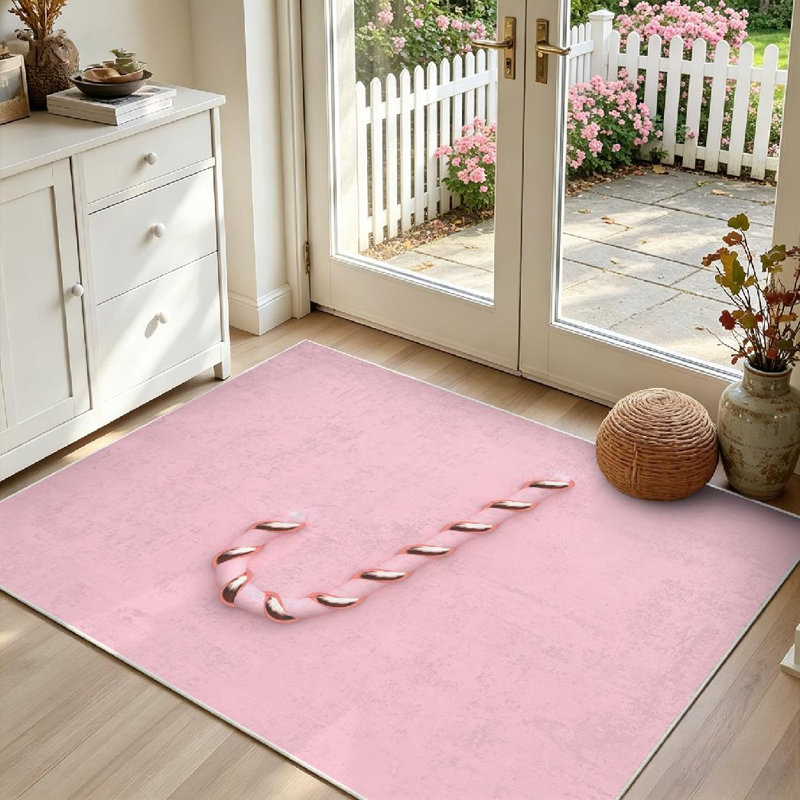 Tapis intérieur rose bonbon doré lavable à la machine, Rectangle 55 po x 79 po