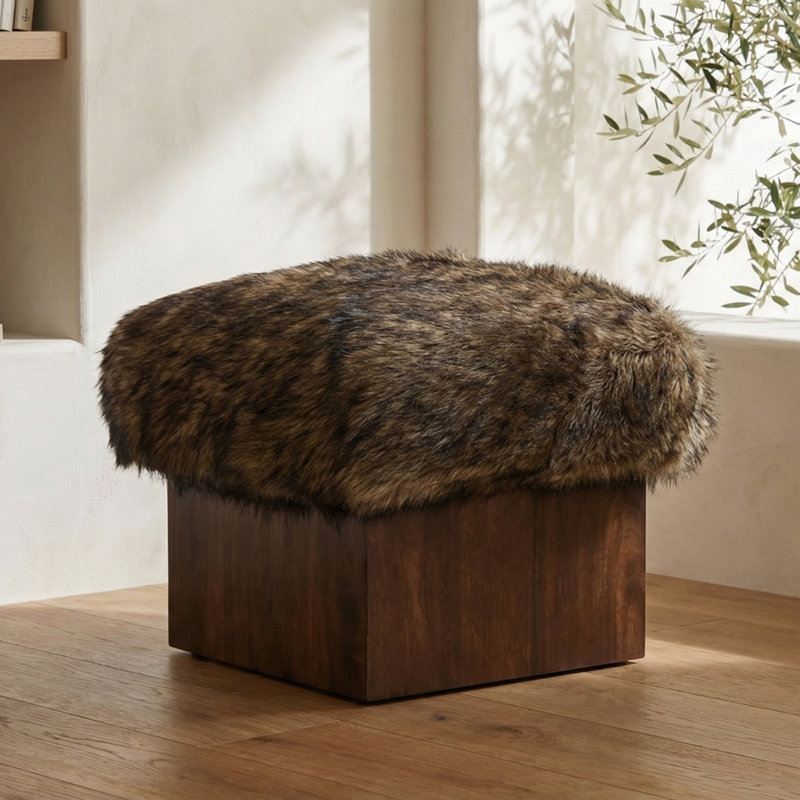 Serge Ottoman Brown Faux Fur, White