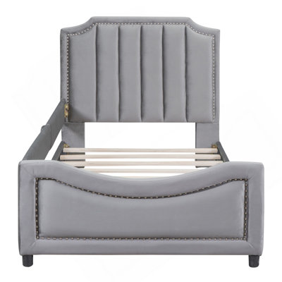 Lit de jour simple tapissier avec tête de lit à rayures classique, gris