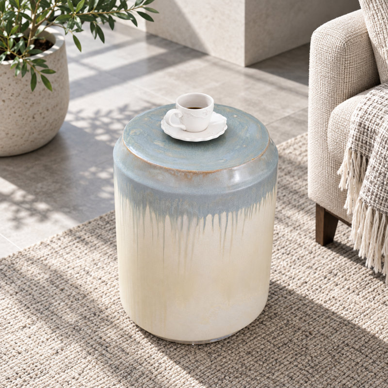 Tabouret de jardin rond en céramique avec table d'appoint et émail réactif, bleu et crème, 35,2 x 35,2 x 47,8 cm
