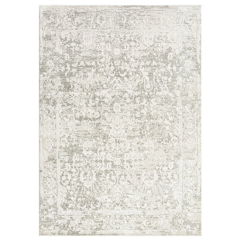 Tapis gris / ivoire en polyester tissé à la machine à motif abstrait Bronco, Rectangle 9 pi 10 po x 13 pi 2 po