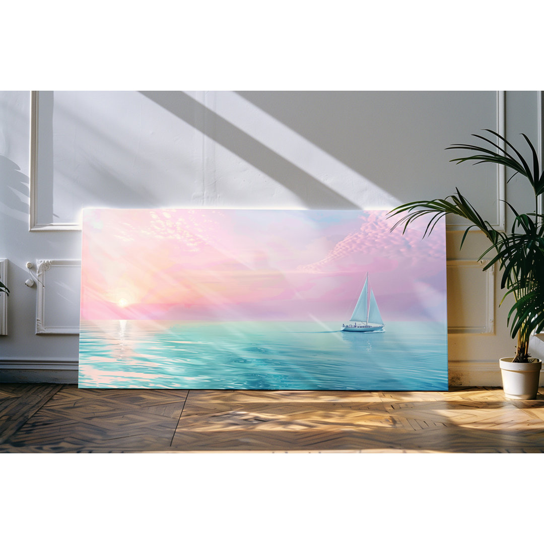 Leinwandbild gerahmt 120x60cm Sonnenuntergang Segelboot Horizont Meer