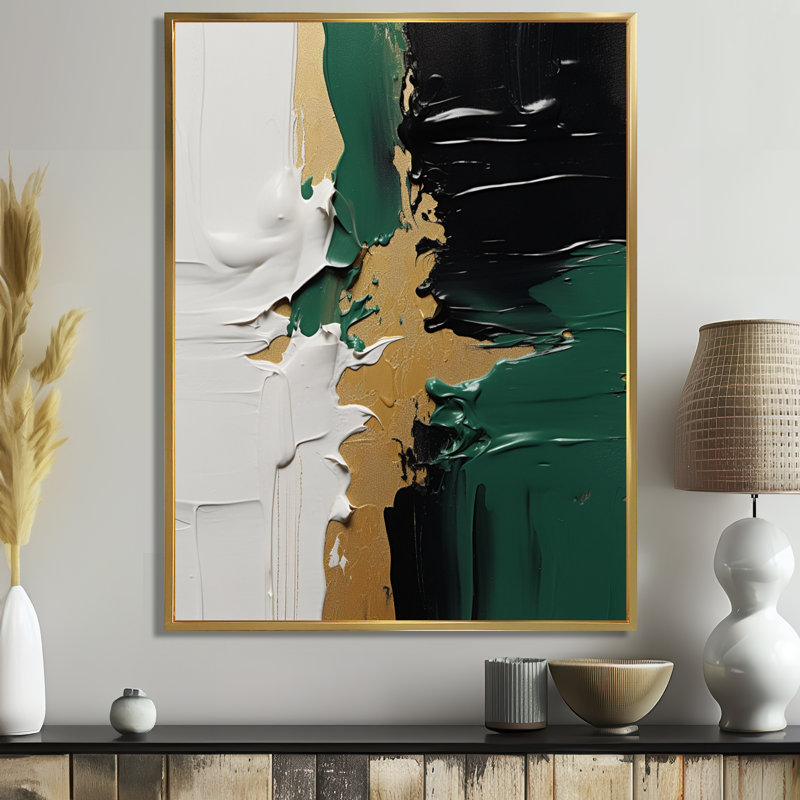 Or vert et encre noire fusion III - Reproduction d'art encadrée, Cadre flottant doré, H 32 po x l 24 po x P 1 po