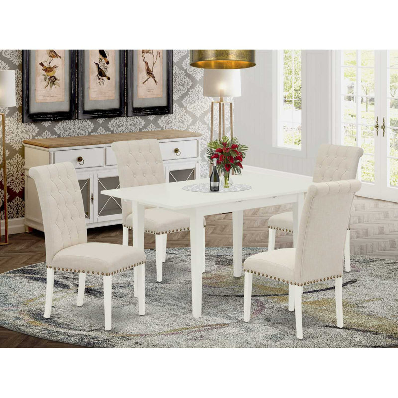 5 Piece Dining Table Set Includes a Rectangle Dining Room Table with Butterfly Leaf and 4 Light Beige Linen Fabric Parsons Chairs, Linen White