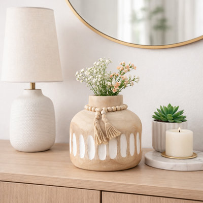 Stylish Round Wood Table Vase with Tassel Accent for Home Decor - Modern Flower Vase for Office, Tabletops, and Living Room - 8"