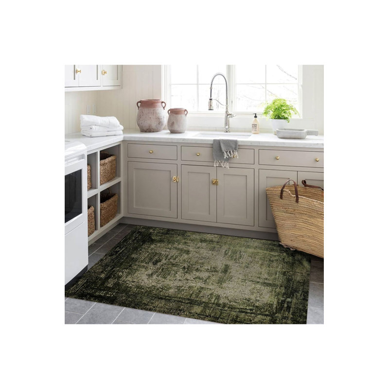 Tapis décoratif tissé vert foncé lavable à la machine, Sous-tapis rectangulaire 2 pi 6 po x 4 pi 11 po